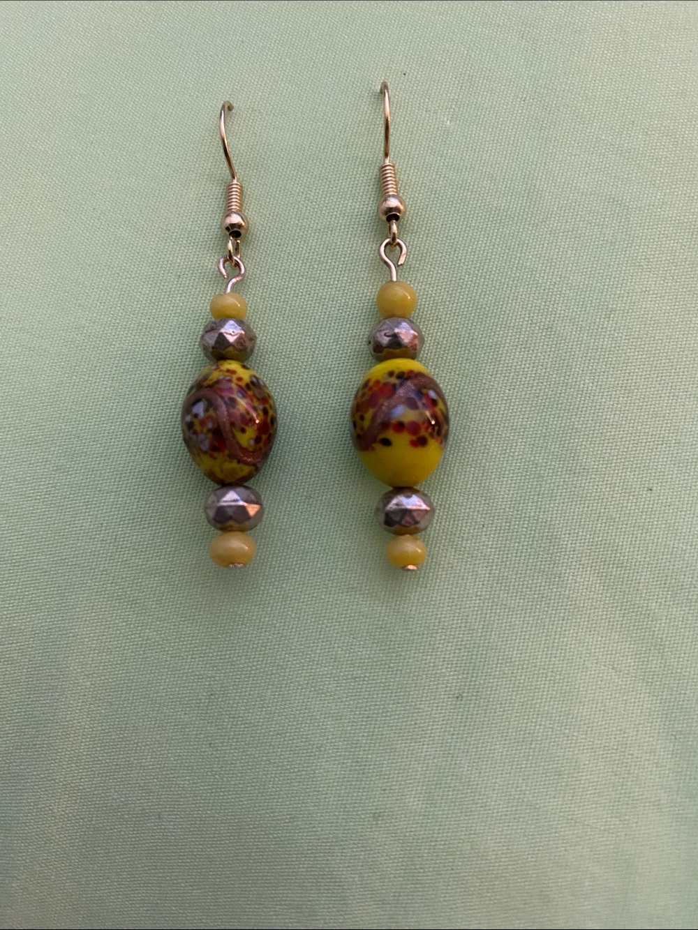 Yellow Glass Bead Drop Earrings with Metallic Accents